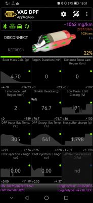 Ekran aplikacji VAG DPF z danymi regeneracji DPF dla Passata B8 2.0 TDI.