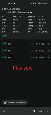 Zrzut ekranu aplikacji NetMonster z parametrami sygnału LTE 1800 sieci Play na zewnątrz, pokazujący szczegóły takie jak RSRP, RSRQ i SNR.