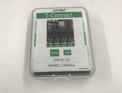 Clear plastic case with LILYGO T-Connect board; label reads “ESP32-S3 RS485/CAN Bus”