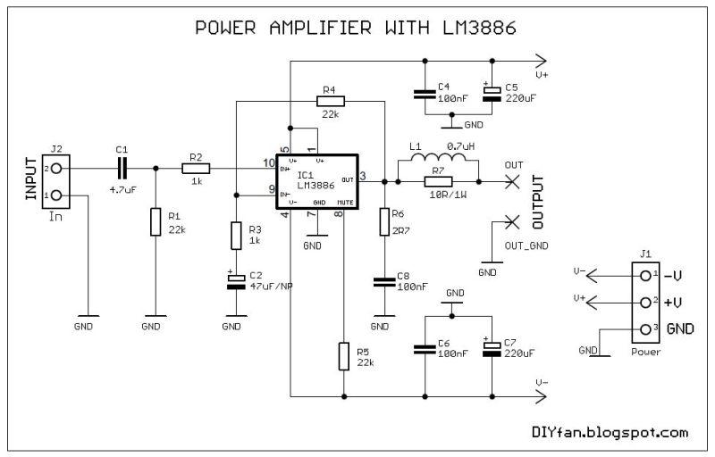 Schemat wzmacniacza mocy audio z układem scalonym LM3886.