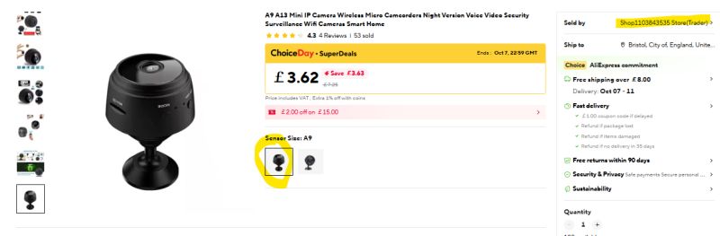 Black wireless mini IP camera on a stand with highlighted product details.