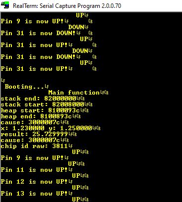Debug messages with GPIO button states and boot log in RealTerm program