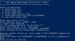 Screenshot of RTL AmebaZ Bootloader Utility showing a menu of operations.