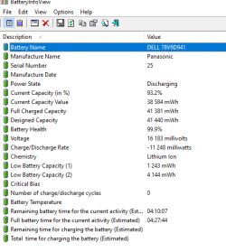 Zrzut ekranu z programu BatteryInfoView pokazujący dane baterii laptopa