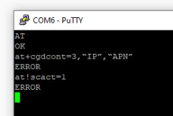 Okno PuTTY z błędami po wysłaniu komend AT do modemu przez COM6