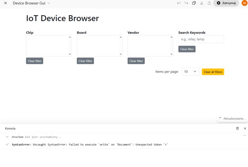 AI-Generated IoT Device Database Browser Screenshot of a web app for browsing an IoT device database with filtering and pagination, generated by AI.