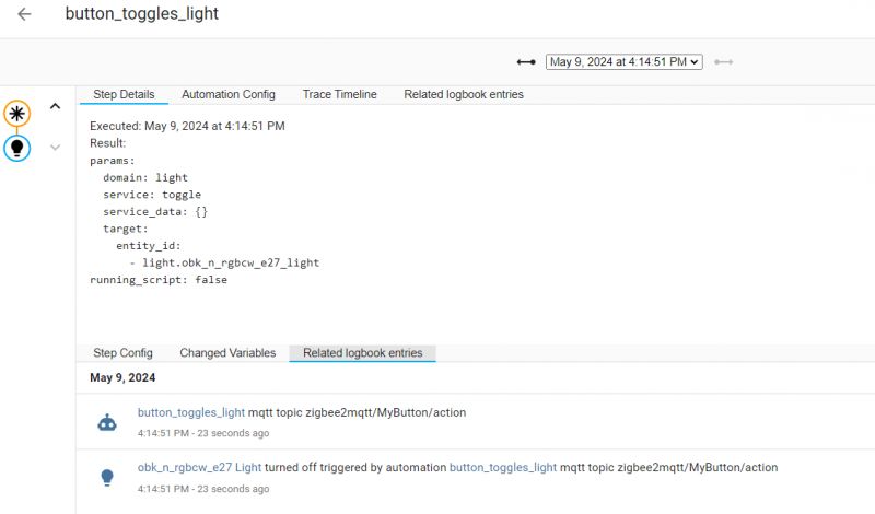 Zrzut ekranu pokazujący szczegóły automatyzacji w Home Assistant, wyzwalającej wyłączenie światła.