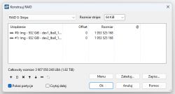 Zrzut ekranu z konfiguracją macierzy RAID 0 z dwoma dyskami 932 GiB.