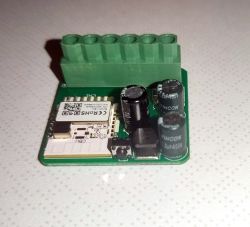 Photo of an electronic module with several capacitors and components soldered onto a circuit board.