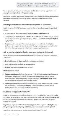 Zrzut ekranu rozmowy o P‑MOSFET: dioda pasożytnicza, zamiana D i S, uwagi o Vgs i 24 V