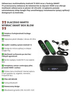 Zestaw Smart Box BLOW Android TV BOX z pilotem, kablem HDMI i zasilaczem.