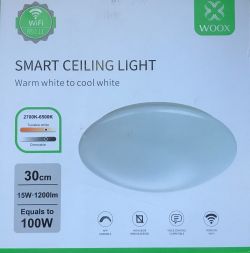 Packaging of the Woox smart ceiling light with adjustable white feature