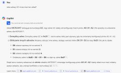 Screenshot showing a user question and Copilot's response about I2C addresses of the MCP23017 chip.