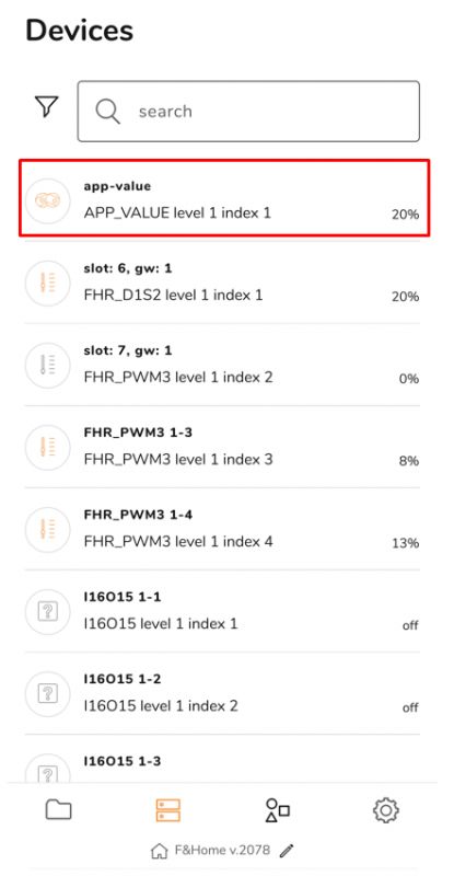 Device list in F&Home app A list of devices from an app, each with a name, description, and a percentage value or status.