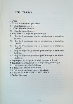 Strona tytułowa broszury z rozdziałami dotyczącymi filtrów i zespołów głośnikowych