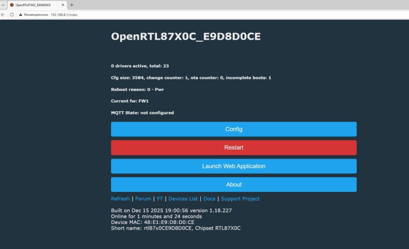 Web interface of OpenRTL87X0C showing device info and config buttons