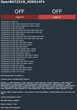 OpenBK7231N user interface showing temperature readings and switch statuses.