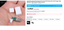 Zrzut oferty triggera USB‑C PD z małą płytką i białymi obudowami, cena 3,65 zł