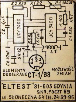 Schemat elektroniczny generatora COLOR EL TEST z elementami takimi jak układy scalone, potencjometry i cewka.