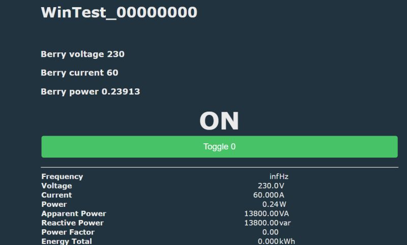 Berry Simulator Interface with Electrical Data User interface of a simulator with voltage, current, and power data.
