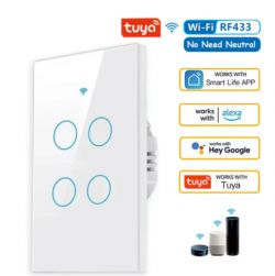 Tuya smart touch panel with four buttons, supporting RF433, Alexa, Google Assistant, and other apps.