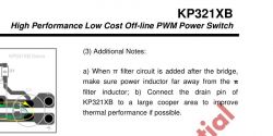 The image shows additional notes for the KP321XB PWM power switch with a diagram illustrating the placement of the Pi filter inductor and power inductor.