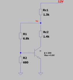 Schemat obwodu z tranzystorem Q1 i rezystorami Rc1, Rc2, R1, R2 oraz napięciem 12V.