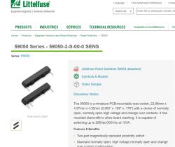Zrzut ekranu strony produktu Littelfuse zawierający informacje o przełączniku kontaktronowym serii 59050.