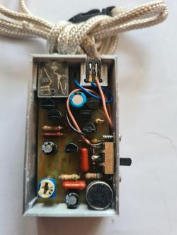 Prototype Sound Amplifier in a Case Interior of a prototype sound amplifier in a box with electronic components.