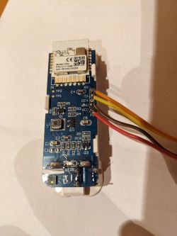 Circuit board with connected VCC, GND, TX, and RX wires.