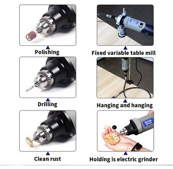 Zestaw zdjęć obrazujących różnorodne zastosowania narzędzia wielofunkcyjnego, od polerowania po czyszczenie z rdzy.