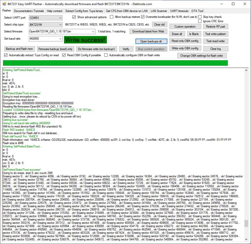 Screenshot of BK7231 Easy UART Flasher showing Write success! after flashing operation