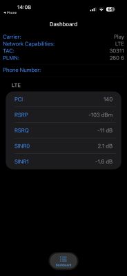 Zrzut ekranu iPhone z panelem LTE: Play, RSRP −103 dBm, RSRQ −11 dB, SINR 2,1 dB