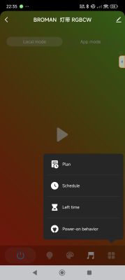Screenshot of a mobile app for controlling BROMAN RGB LED strip, with a visible settings menu.