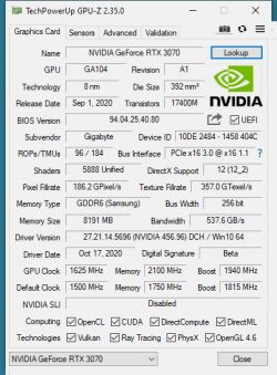 Zrzut ekranu programu GPU-Z pokazujący właściwości karty graficznej NVIDIA RTX 3070.