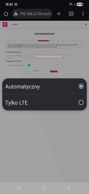 Zrzut ekranu panelu ustawień routera z opcją wyboru trybu Automatyczny lub Tylko LTE
