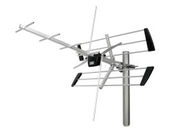 Kierunkowa antena TV z aluminiowymi elementami na maszcie, na białym tle