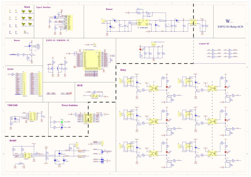 ESP32-S3 Circuit Diagram with 6-Channel Relay Module Electronic schematic of ESP32-S3 module with interfaces, relays, and power supply
