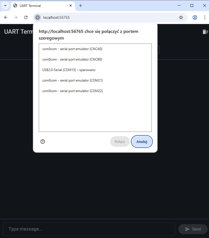 Chrome dialog asking to select a serial port for http://localhost:56765, with Connect and Cancel buttons