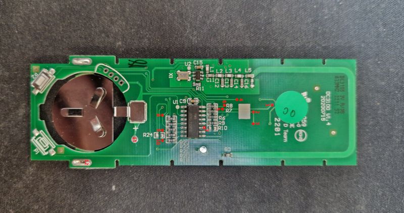 RF Remote Control PCB with Markings RF remote control PCB with component markings.