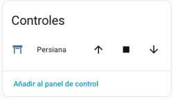 Screenshot showing a window blind control card in Home Assistant with icons to raise, stop, and lower the blind.