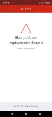 Ekran aplikacji U-Control z komunikatem o błędzie zapisywania danych.
