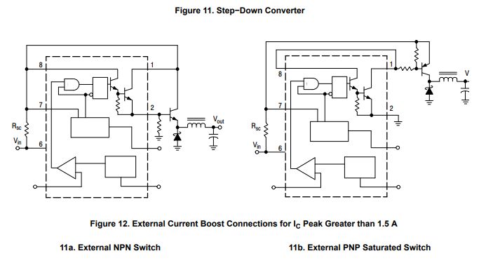 MC34063 step-down converter schematics with external NPN and PNP transistors