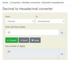 Screenshot of a decimal to hexadecimal converter with a result.