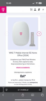 Zrzut ekranu ze strony T-Mobile prezentujący urządzenie WNC T-Mobile Internet 5G Home Office (2024).