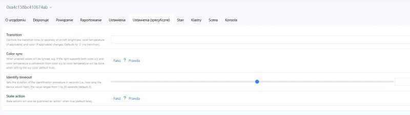 Screenshot of Home Assistant device settings with toggles and an “Identify timeout” slider