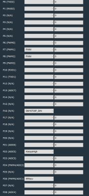 Screenshot of P0–P28 pin list and settings, including PWM, AlwaysHigh, and IRRecv