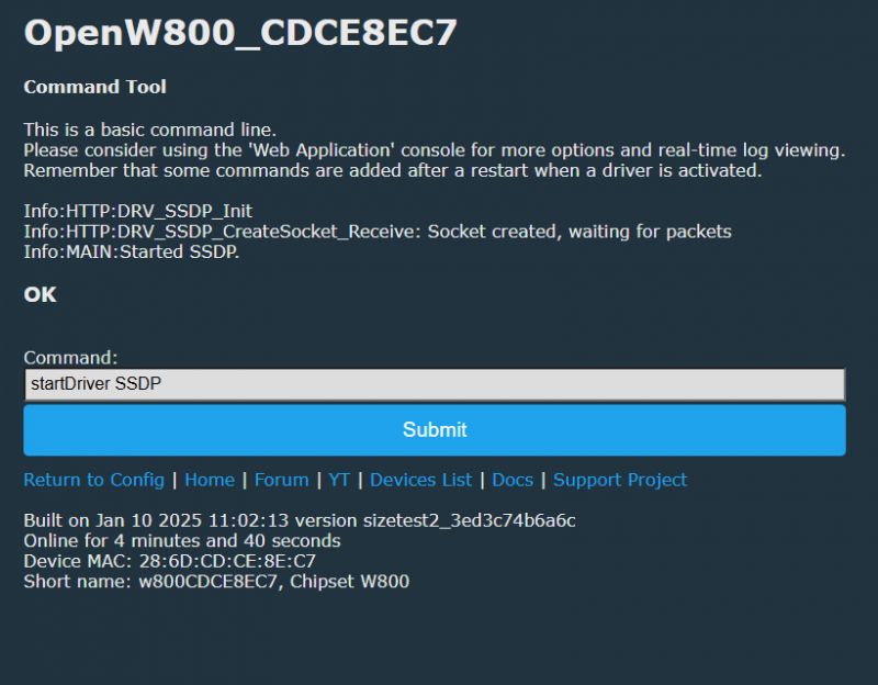 OpenW800 command tool interface with SSDP enabled.