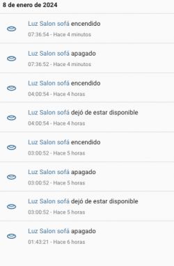 Event logs for living room light with date and time of turning on and off.