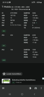 Zrzut ekranu z aplikacji NetMonster prezentujący szczegóły sygnału LTE T-Mobile dla pasm 900, 800 i 1800 MHz.